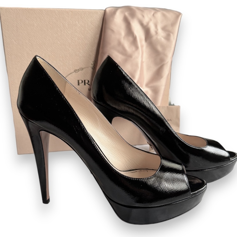 PRADA Vernice Saffiano leather peep toe platform pumps black size 39.5 - Picture 16 of 16